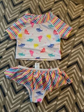 Penelope Mack White Rash Guard Set with Rainbow Stripes & Sharks